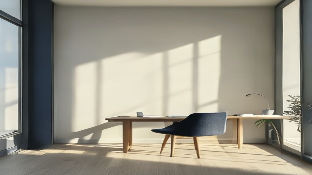 Lugnt arbetsrum med solljus genom fönstret, minimalistisk miljö för balans och återhämtning